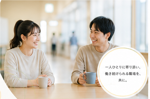 職場で安心して対話するスタッフのイメージ