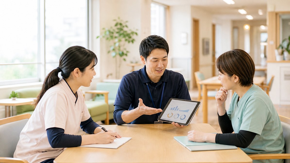 タブレットの分析結果を見ながら職場改善を相談するスタッフのイメージ