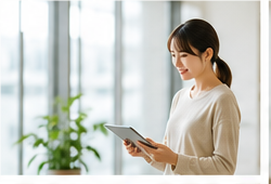 タブレットで情報を確認する女性スタッフのイメージ