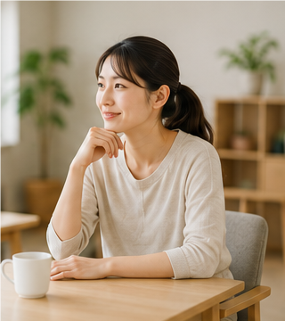 落ち着いた空間で考える女性スタッフのイメージ